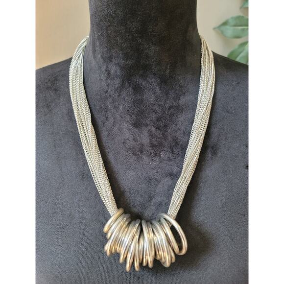 Women's Chunky Silver Statement Necklace With Rings And Lobster Clasp Lock - Picture 1 of 8